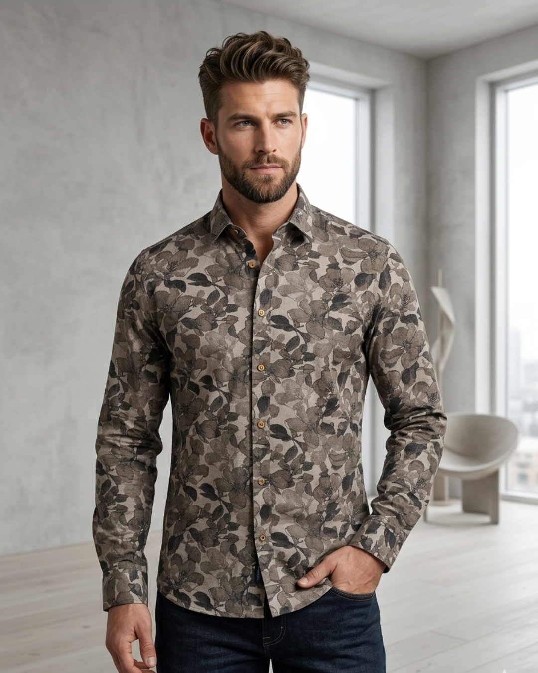 Men’s Slim Fit Floral Printed Casual Shirt – Premium Cotton Blend
