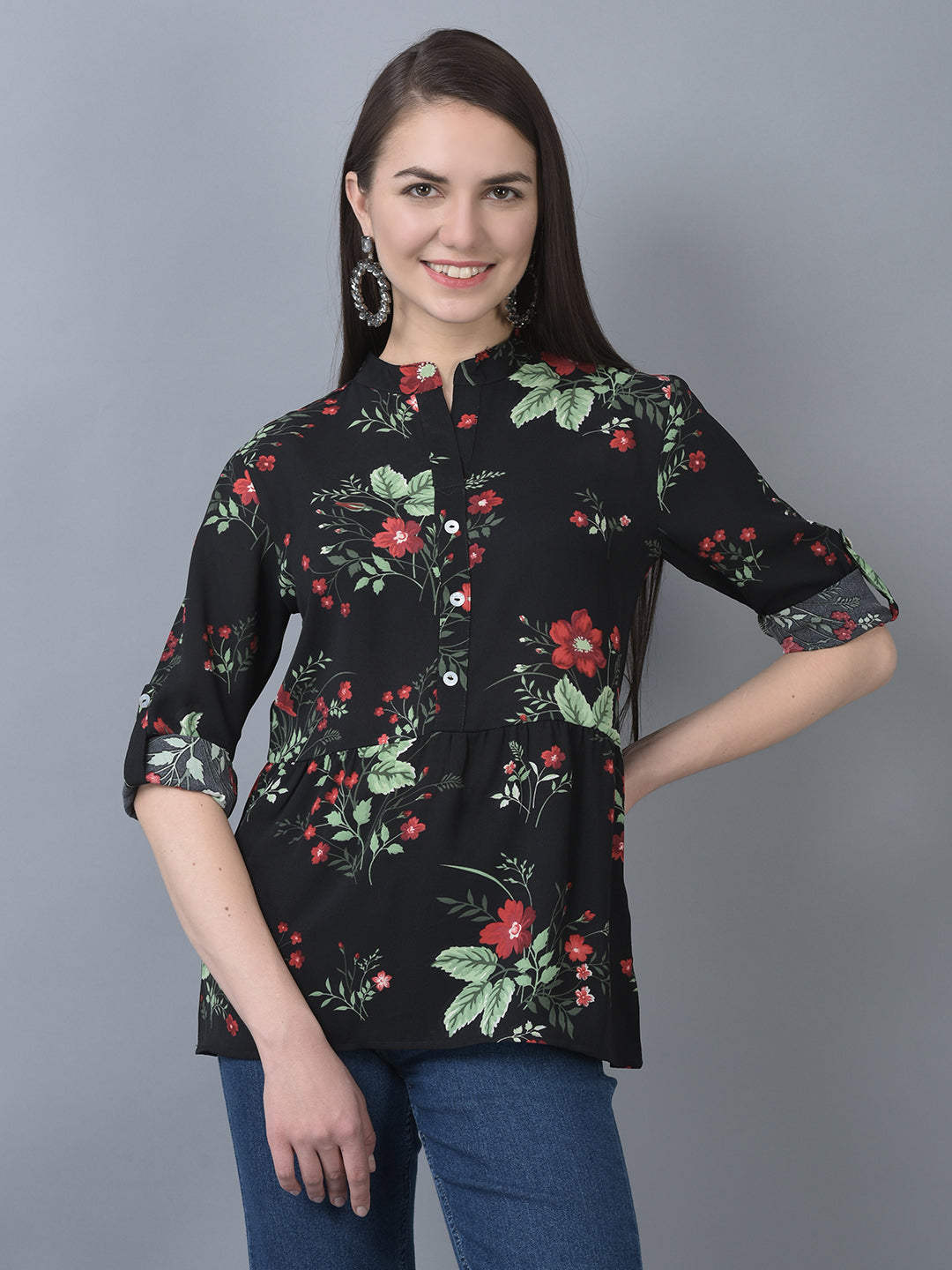 Canoe Women Round Neck Roll-Up Sleeve Flower Printed Tunic