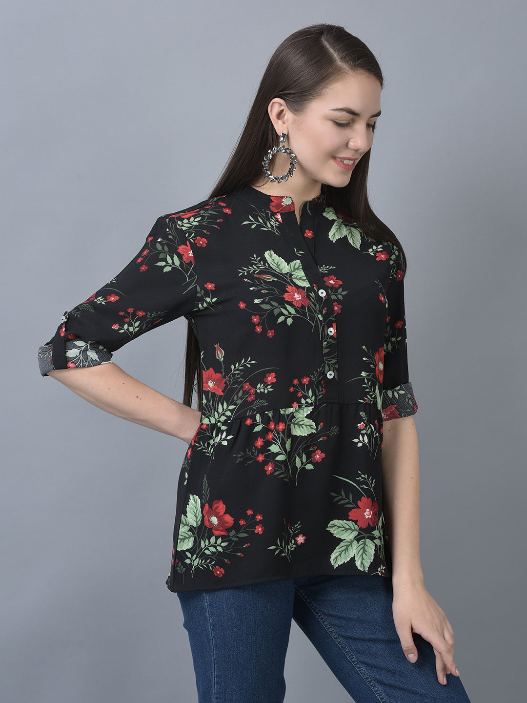 Canoe Women Round Neck Roll-Up Sleeve Flower Printed Tunic