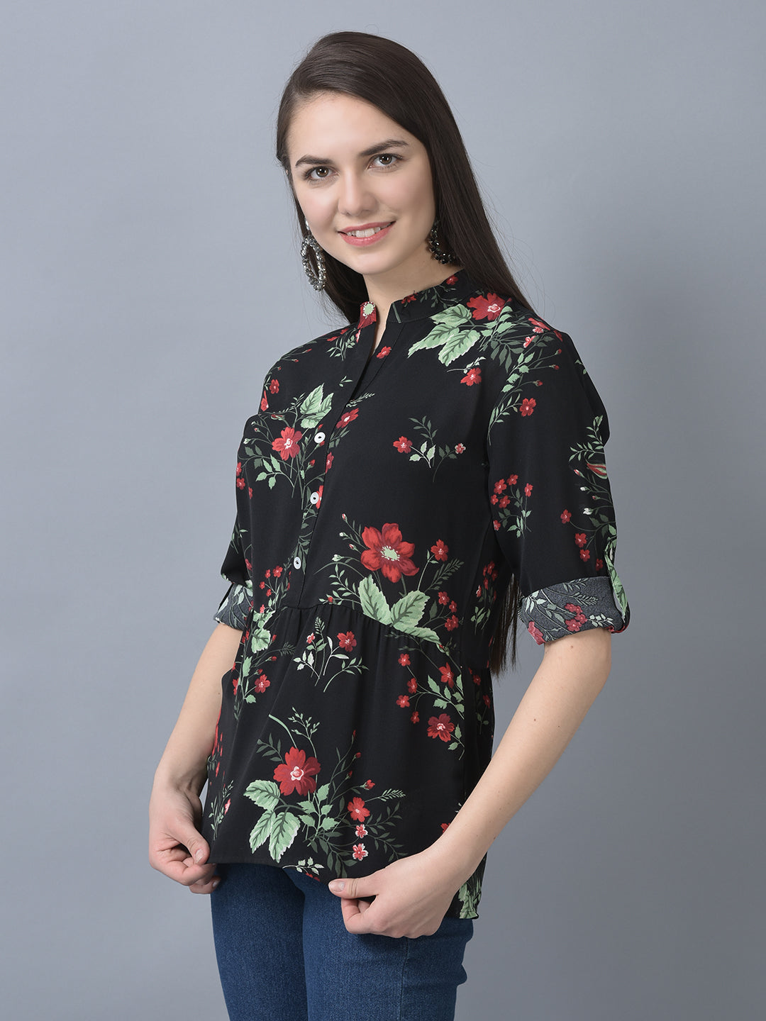 Canoe Women Round Neck Roll-Up Sleeve Flower Printed Tunic