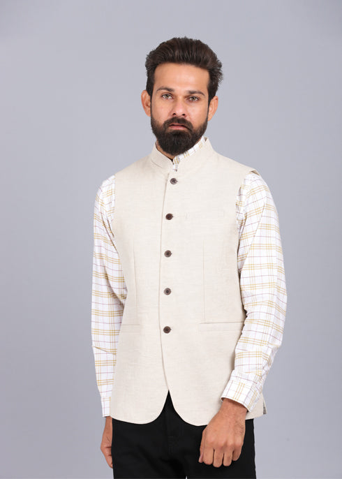 casual waist coat, latest waist coat for men, biege color waist coat, stylish waist coat, 2022 waist coat styles, solid waist coat for men, mens waist coat, nehru jackets for men, nehru jacket styles, canoe