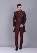 Load image into Gallery viewer, men indo western, indo western dress for men, indo western kurta for men, indo western for groom, indo western wear for men, indowestern kurta,  lotus red indo western, indo western outfits mens, indo western for men wedding, printed indo western, canoe

