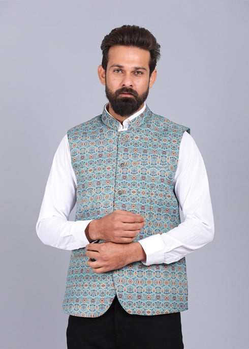 canoe formal waist coat, latest waist coat for men, aqua color waist coat, stylish waist coat, 2022 waist coat styles, printed waist coat for men, mens waist coat, printed nehru jackets for men, nehru jacket styles