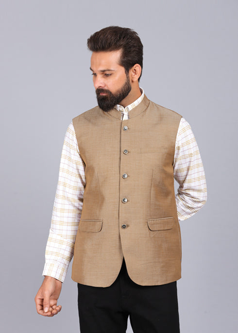 formal waist coat, latest waist coat for men, beige color waist coat, stylish waist coat, 2022 waist coat styles, solid waist coat for men, mens waist coat, nehru jackets for men, nehru jacket styles, canoe