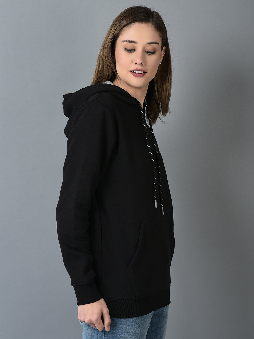 Canoe Women Black Solid Hooded Sweatshirt