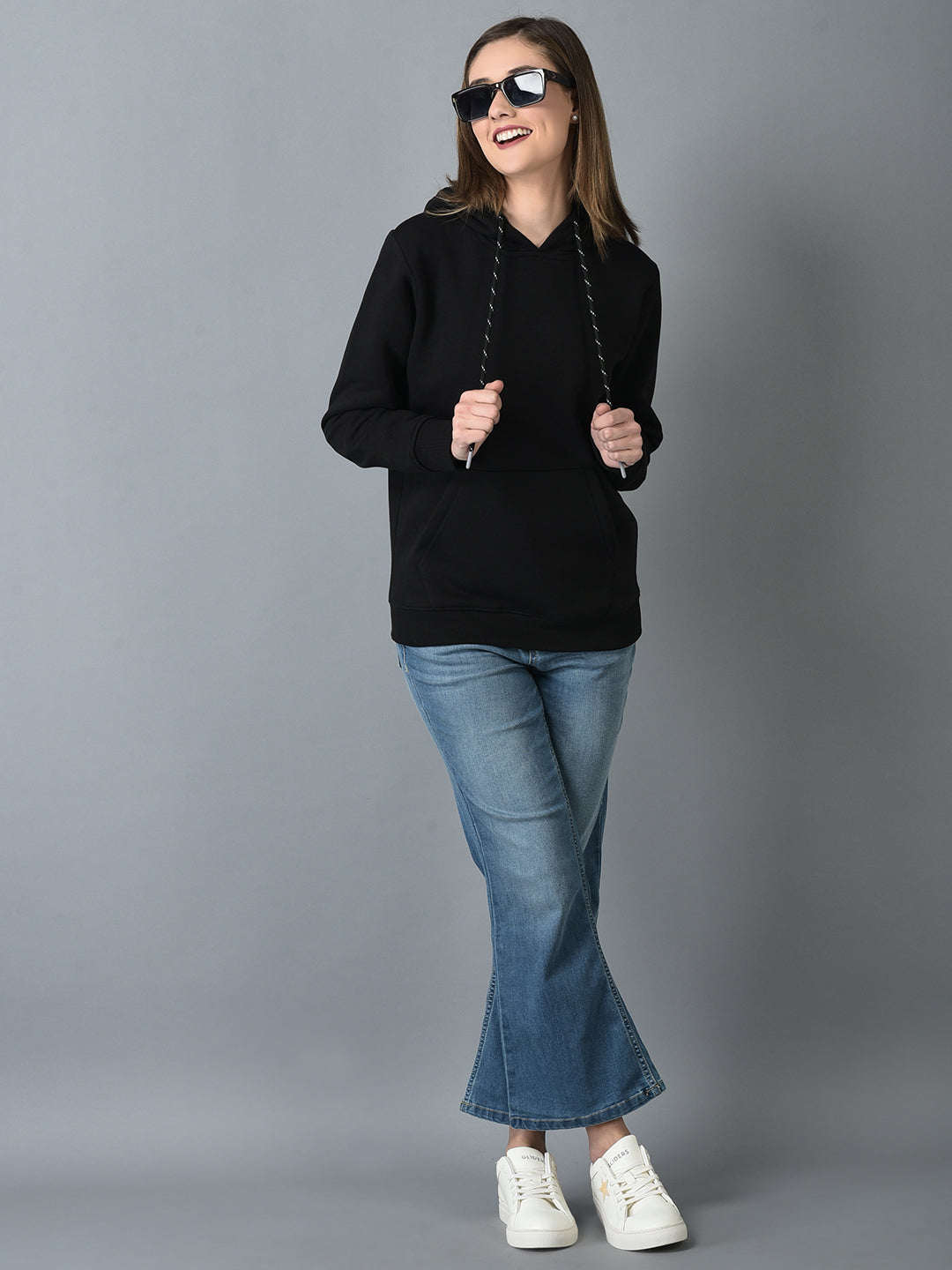 Canoe Women Black Solid Hooded Sweatshirt