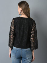Load image into Gallery viewer, Canoe Women Flared Lace Fabric Sleeves Black Color Top
