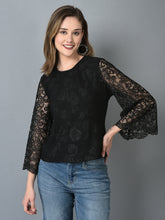 Load image into Gallery viewer, Canoe Women Flared Lace Fabric Sleeves Black Color Top
