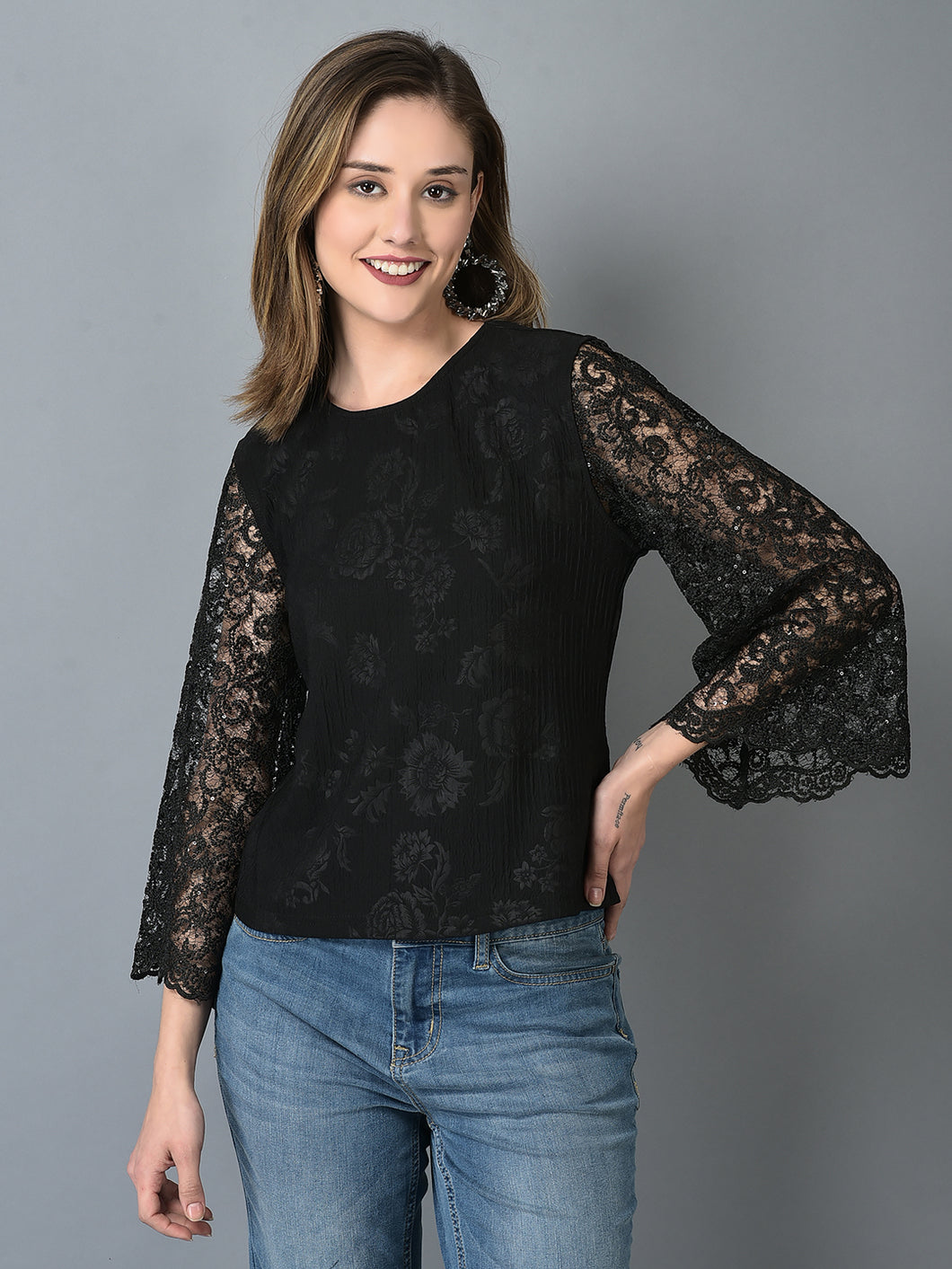 Canoe Women Flared Lace Fabric Sleeves Black Color Top