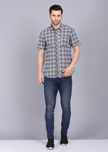Load image into Gallery viewer, printed half sleeve shirts, grey shirt mens, half sleeve shirt, best casual shirts for men, latest shirts for men, mens shirt, gents shirt, trending shirts for men, mens shirts online, low price shirting, men shirt style, new shirts for men, cotton shirt, full shirt for men, collection of shirts, checkered shirt, casual shirt, smart fit, canoe
