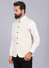 Load image into Gallery viewer, casual waist coat, latest waist coat for men, biege color waist coat, stylish waist coat, 2022 waist coat styles, solid waist coat for men, mens waist coat, nehru jackets for men, nehru jacket styles, canoe
