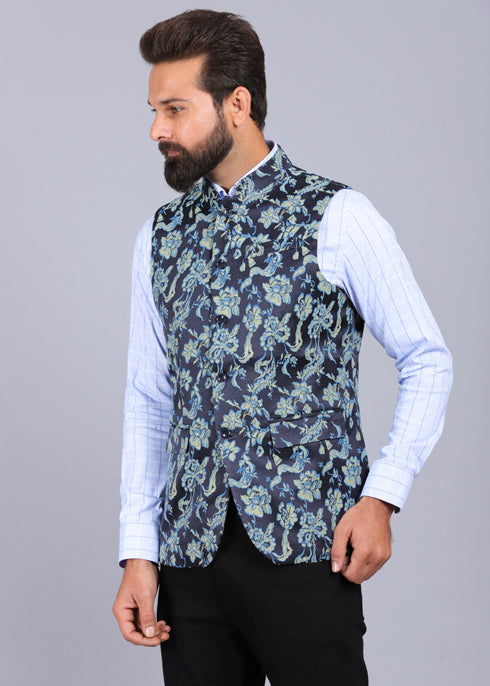 formal waist coat, latest waist coat for men, blue waist coat, stylish waist coat, trending waist coat style 2022, printed waist coat for men, flower print waist coat, canoe