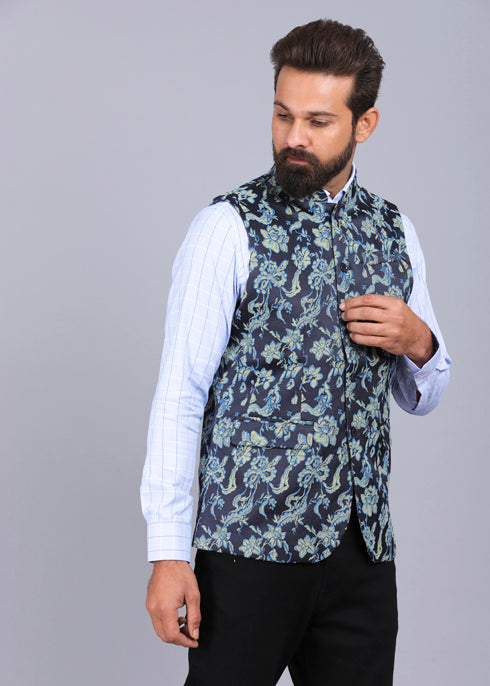 formal waist coat, latest waist coat for men, blue waist coat, stylish waist coat, trending waist coat style 2022, printed waist coat for men, canoe flower print waist coat