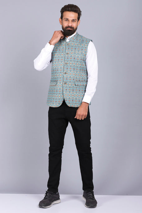 formal waist coat, latest waist coat for men, aqua color waist coat, stylish waist coat, 2022 waist coat styles, printed waist coat for men, mens waist coat, printed nehru jackets for men, nehru jacket styles, canoe