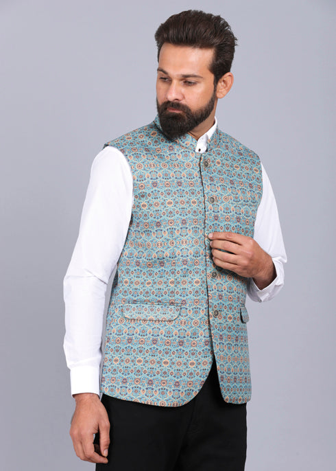 formal waist coat, latest waist coat for men, aqua color waist coat, canoe stylish waist coat, 2022 waist coat styles, printed waist coat for men, mens waist coat, printed nehru jackets for men, nehru jacket styles