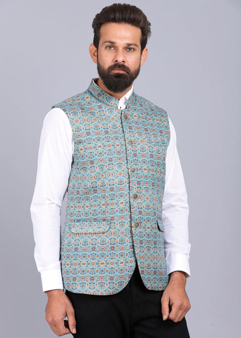 formal waist coat, latest waist coat for men, aqua color waist coat, stylish waist coat, 2022 waist coat styles, printed waist coat for men, mens waist coat, printed nehru jackets for men, nehru jacket styles, canoe