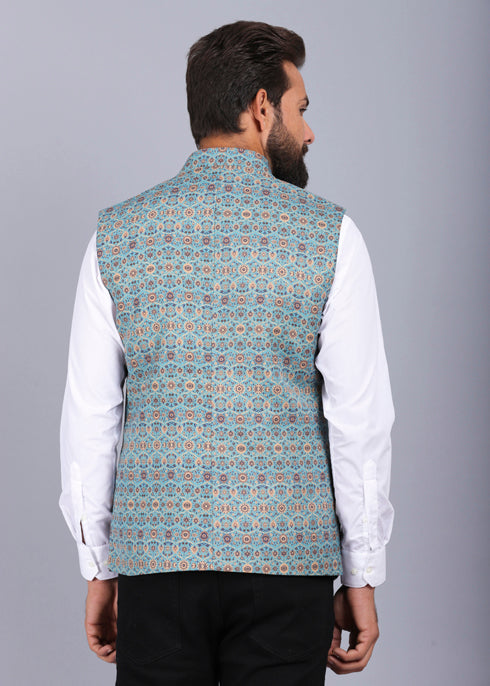 formal waist coat, latest waist coat for men, aqua color waist coat, stylish waist coat, 2022 waist coat styles, printed waist coat for men, mens waist coat, printed nehru jackets for men, nehru jacket styles, canoe