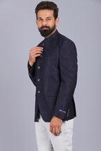 Load image into Gallery viewer, canoe formal Bandhgala for men, bandhgala style, blue color bandhgala, bandhgala coat, printed bandhgala, latest bandhgala style 2022
