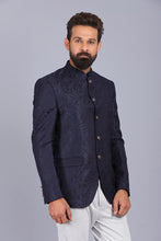 Load image into Gallery viewer, canoe formal Bandhgala for men, bandhgala style, blue color bandhgala, bandhgala coat, printed bandhgala, latest bandhgala style 2022
