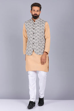 latest waist coat for men, men cream color waist coat, trending waist coat style 2022, jacquard fabric waist coat, canoe