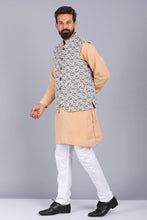 गैलरी व्यूवर में इमेज लोड करें, latest canoe waist coat for men, men cream color waist coat, trending waist coat style 2022, jacquard fabric waist coat
