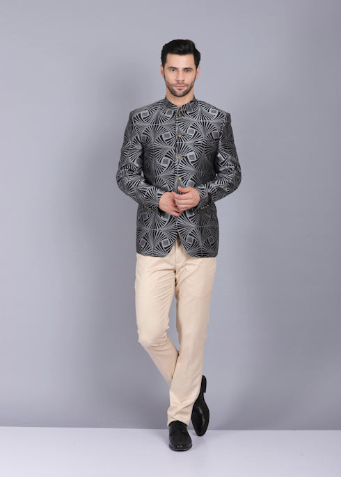 formal Bandhgala for men, bandhgala style, grey color bandhgala, bandhgala coat, printed bandhgala, latest bandhgala style 2022, canoe