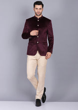 Load image into Gallery viewer, canoe formal Bandhgala for men, bandhgala style, wine color bandhgala, bandhgala coat, velvet bandhgala, latest bandhgala style 2022
